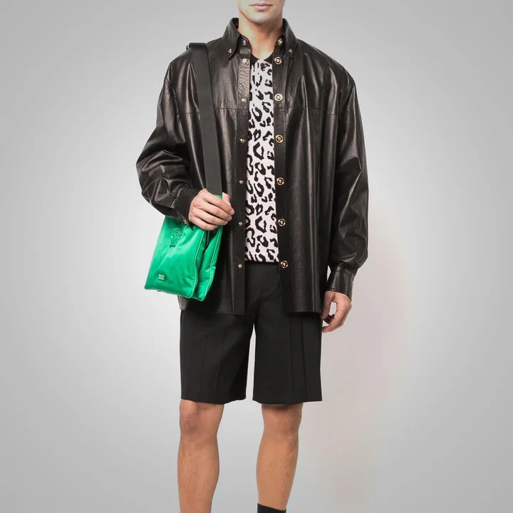 Mens Half Sleeves Soft Sheepskin Black Leather Shirt