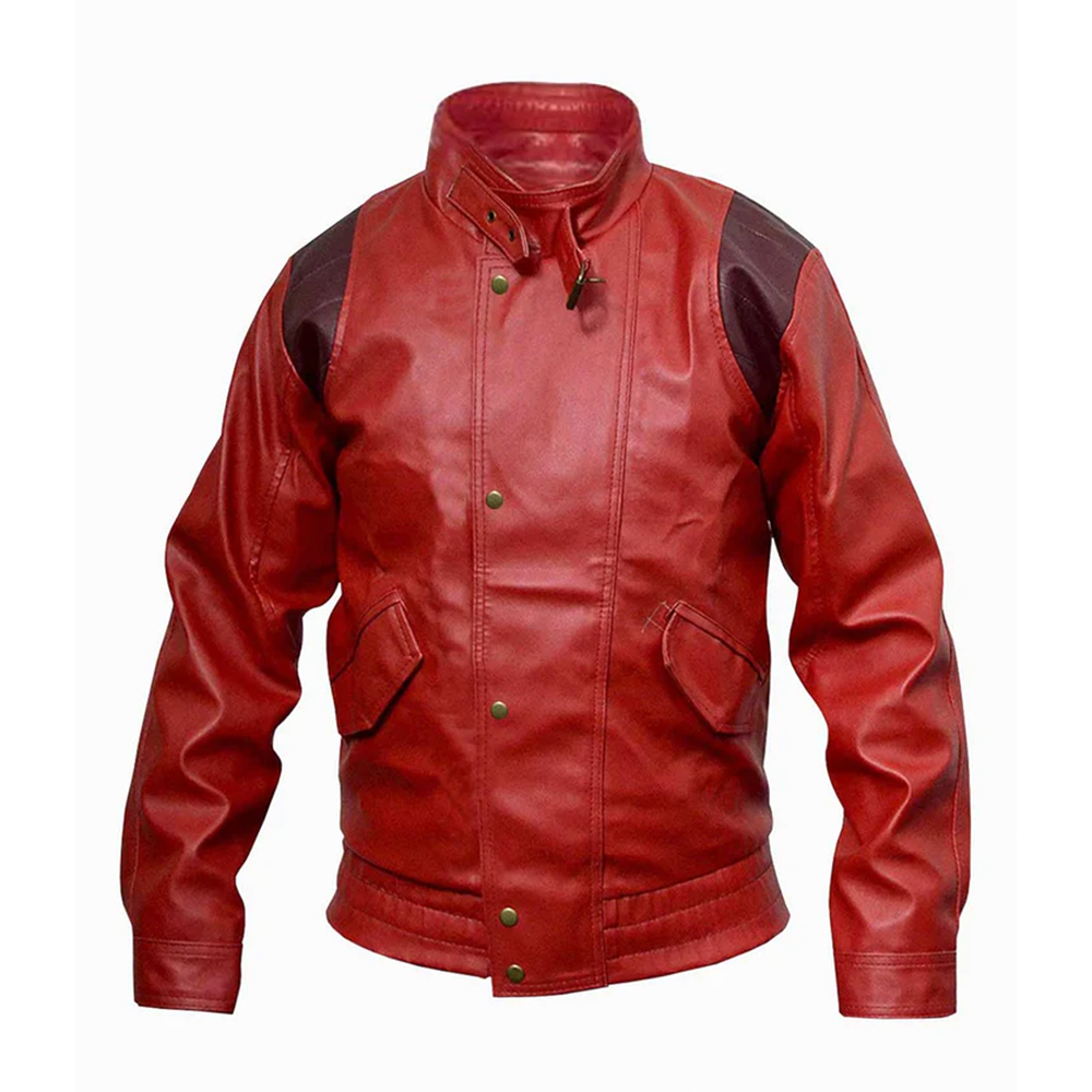 Red Leather Jacket with Shoulder Accents