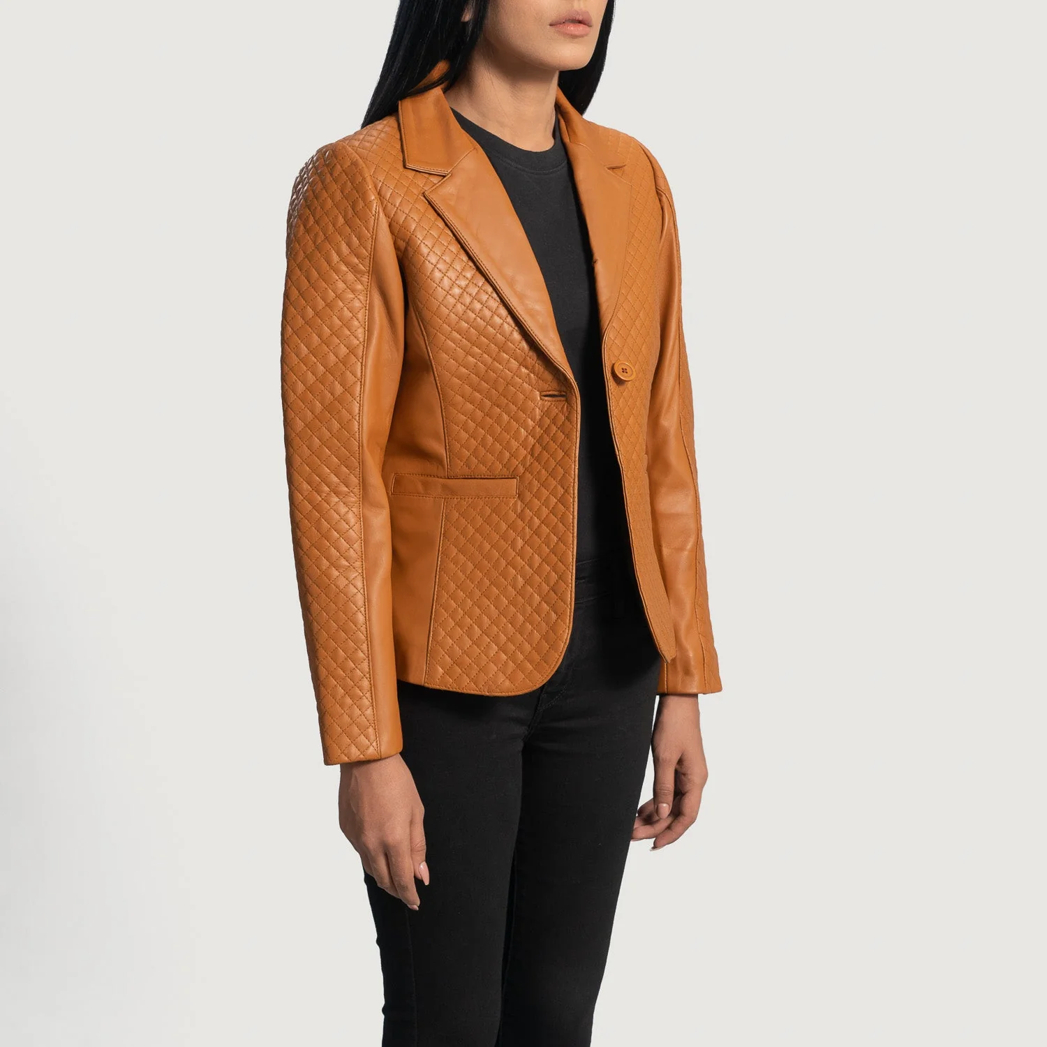 Cora Quilted Brown Leather Blazer - Image 3