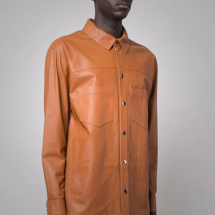 Men’s Brown Suede Leather Half Sleeves Shirt