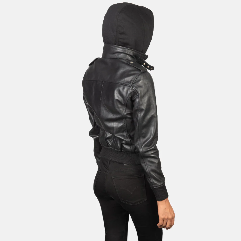 Roslyn Black Hooded Leather Bomber Jacket - Image 3