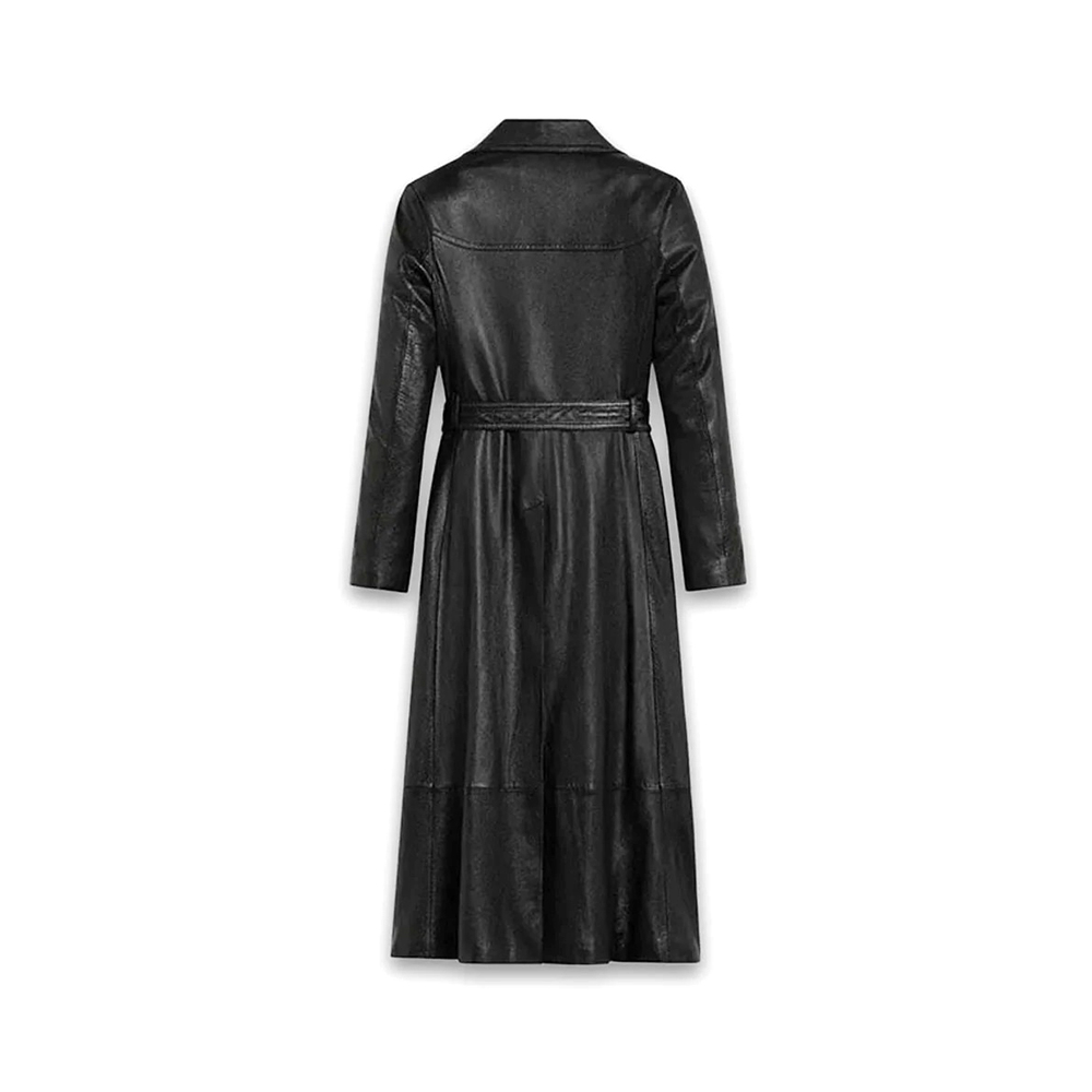 Women Black Leather Long Trench Coat