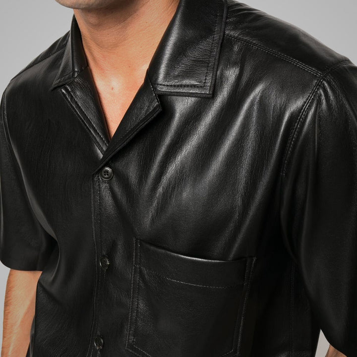 Men’s Dark Green Half Sleeves Leather Shirt