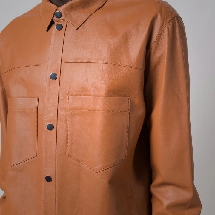Men’s Brown Suede Leather Half Sleeves Shirt