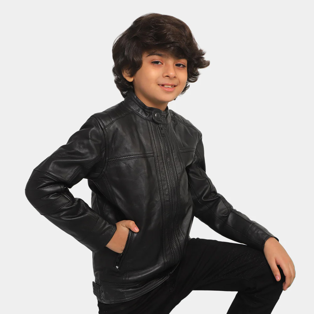Boys Genuine Sheep Leather Jacket Biker Sleeves-BLACK