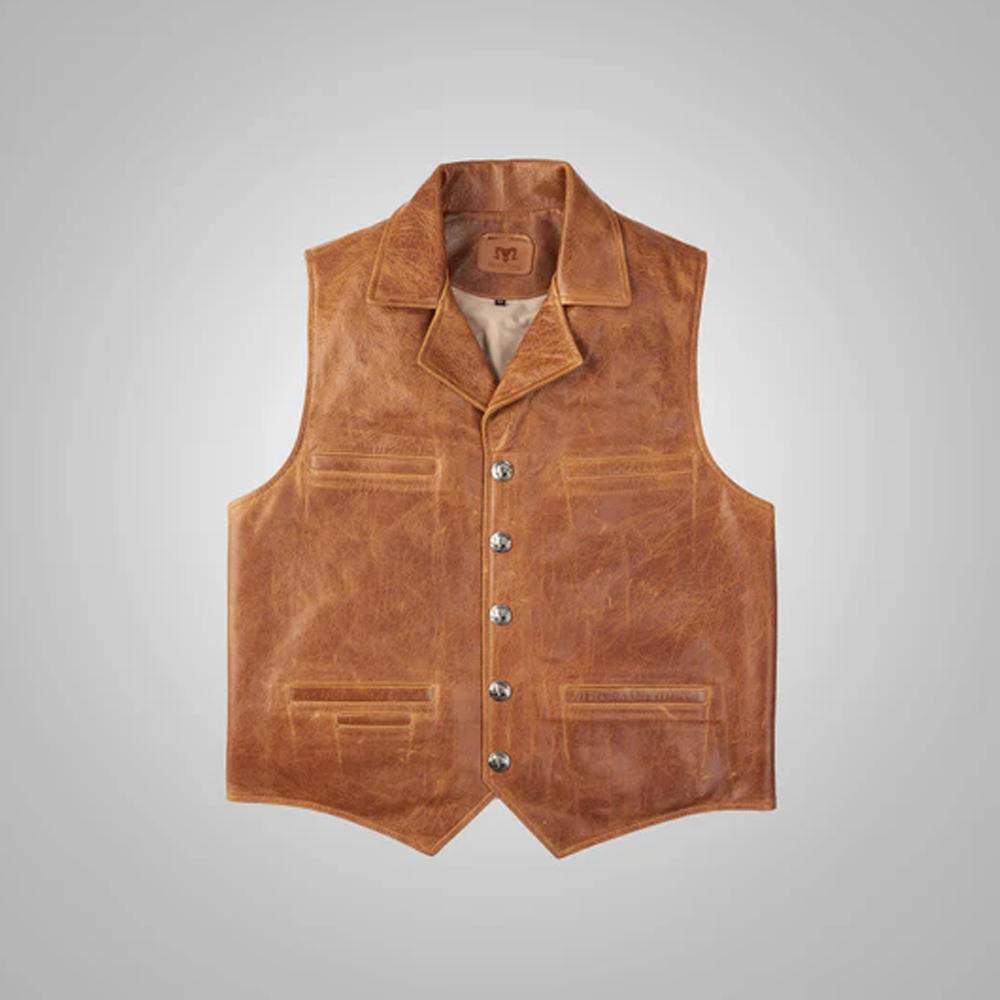 Mens Brown Western Cowboy Leather Vest
