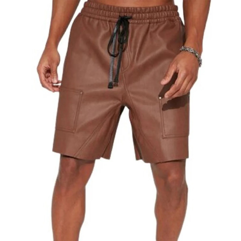 High Quality Leather Shorts In Brown With Hook & Loop Closer