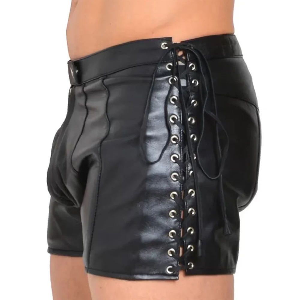 Genuine Leather Shorts For Men With Side Lace Design